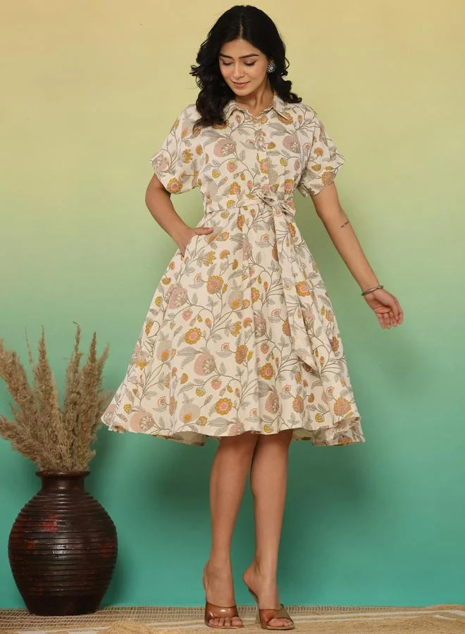 KASYA Off White Floral Cotton Linen Dress